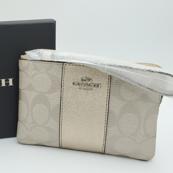 Coach Boxed Signature Corner Zip Wristlet Platinum - Picture 1 of 5